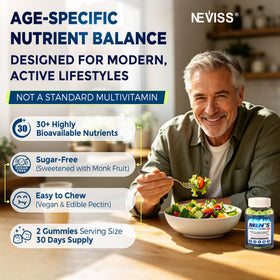 Gommes multivitamines NEVISS 50+ avec fruits frais en arrière-plan