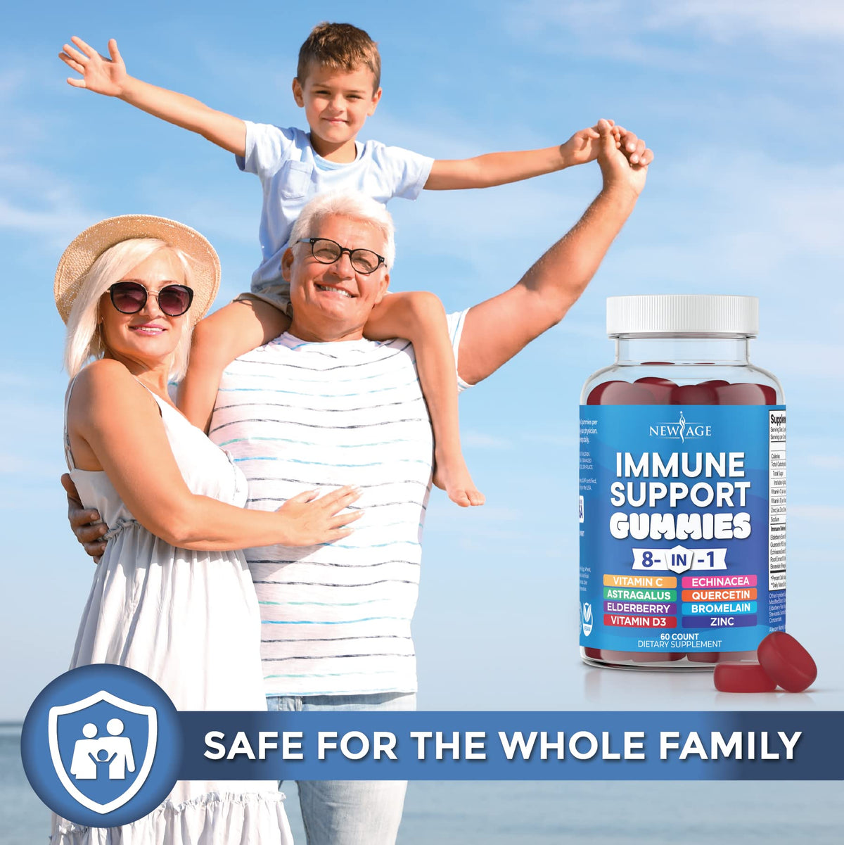 Gommes NEW AGE 8 en 1 avec Astragale, Vitamine C et Zinc en gros plan