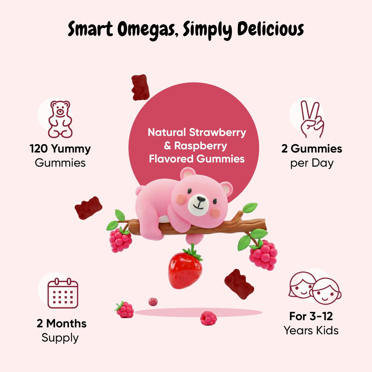Gommes Omega 3 6 9 maxmedix sur une table avec des fruits frais