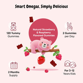 Gommes Omega 3 6 9 maxmedix sur une table avec des fruits frais