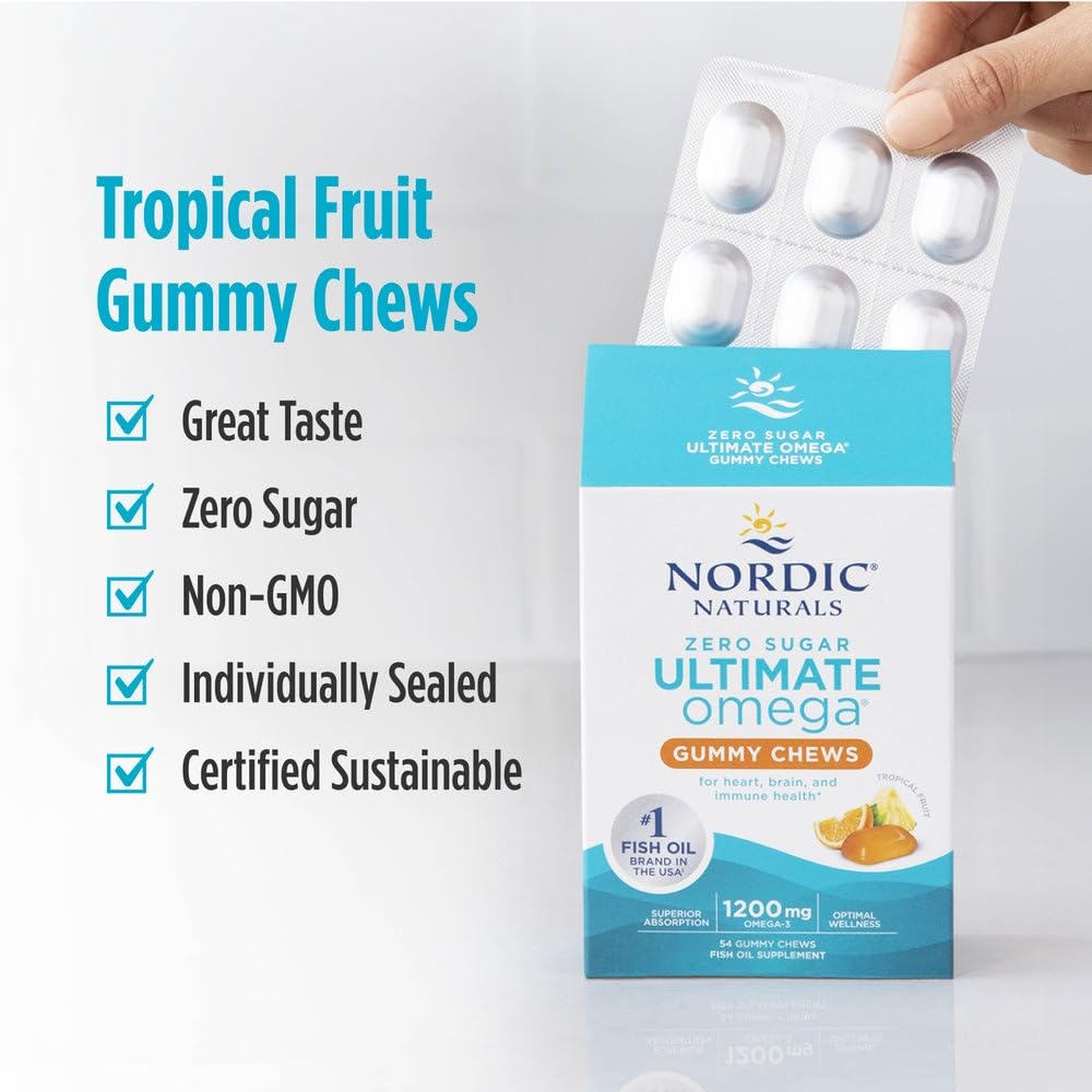 Gommes Omega 3 Nordic Naturals sur une table, ambiance naturelle