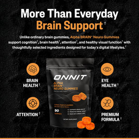 Gommes ONNIT Alpha Brain avec thé vert en arrière-plan