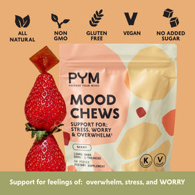 Gommes PYM Mood Chews sur une table avec fruits