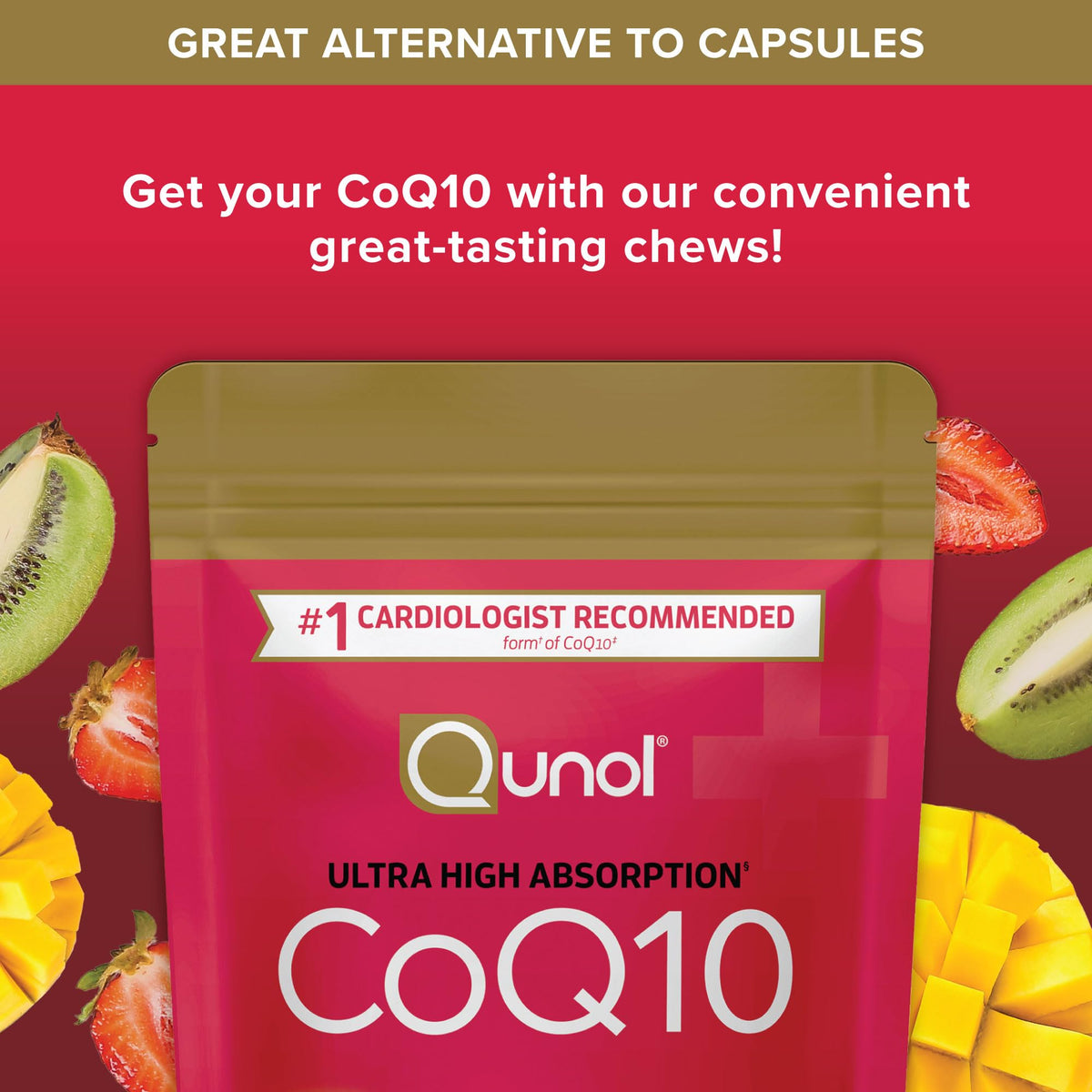 Gommes Qunol CoQ10 200mg sur fond blanc
