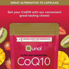 Gommes Qunol CoQ10 200mg sur fond blanc