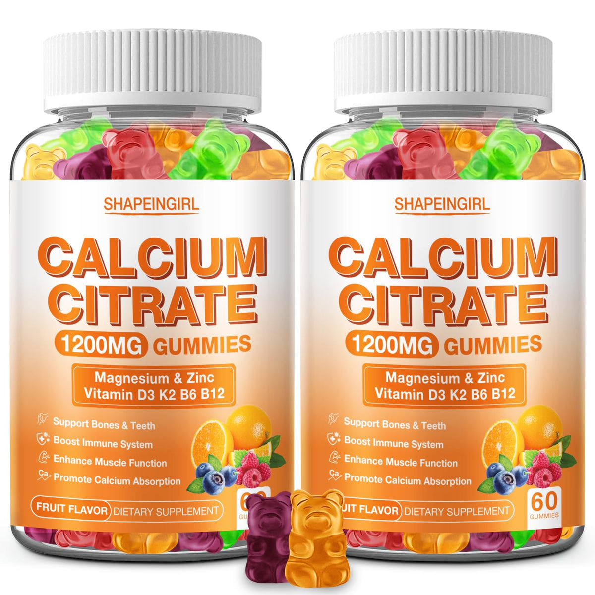 Gommes SHAPEINGIRL calcium 1200mg avec vitamines D3 et K2, vue de face