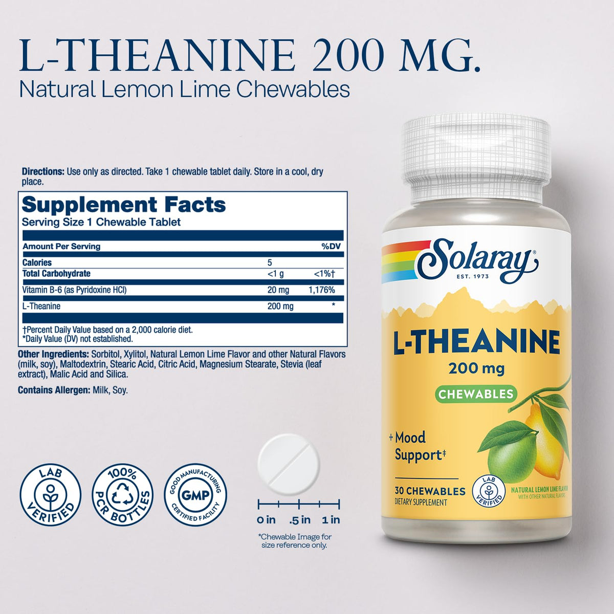 Gommes SOLARAY L-Theanine 200mg avec étiquette et informations nutritionnelles