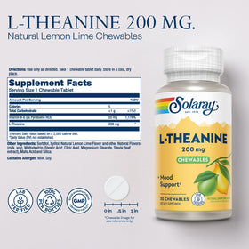 Gommes SOLARAY L-Theanine 200mg avec étiquette et informations nutritionnelles