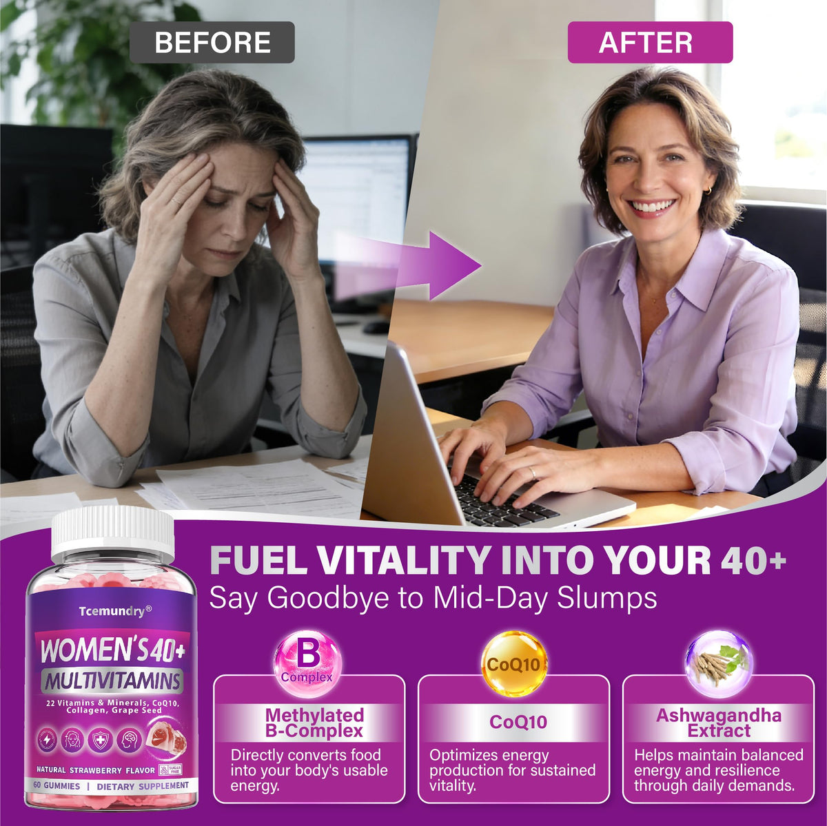 Gommes Tcemundry Multivitamine Methylée Femme 40+ avec fruits