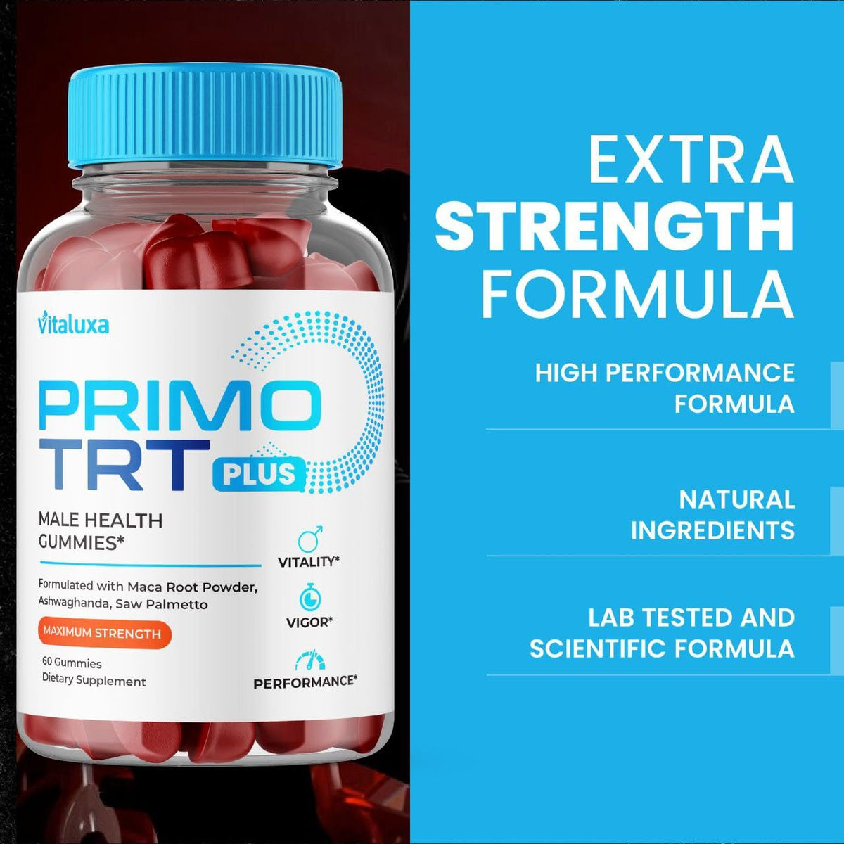 Gommes Vitaluxa Primo TRT avec des fruits en arrière-plan