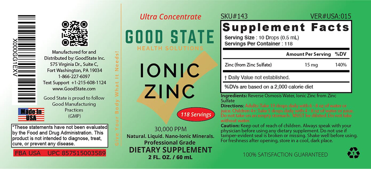 Good State Zinc Liquide Nano Ionique 68g avec étiquette bien visible