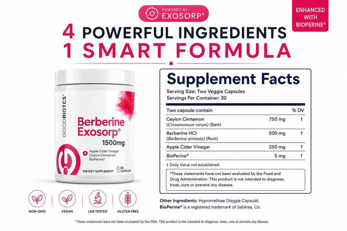 Goodbiotics Berberine Exosorp 1500mg gélules sur une table en bois