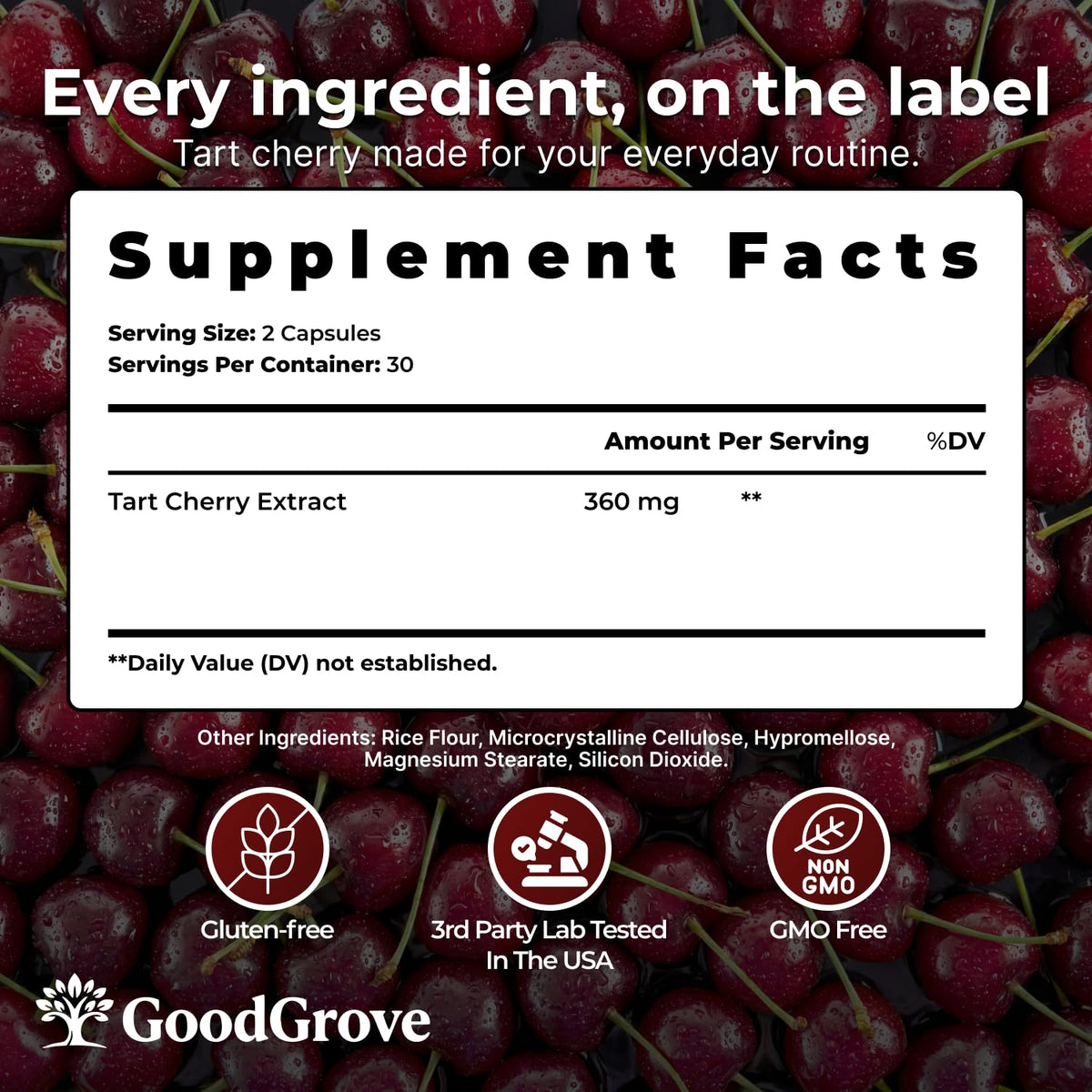 GoodGrove Capsules Cerise Acide Montmorency avec des ingrédients naturels en arrière-plan