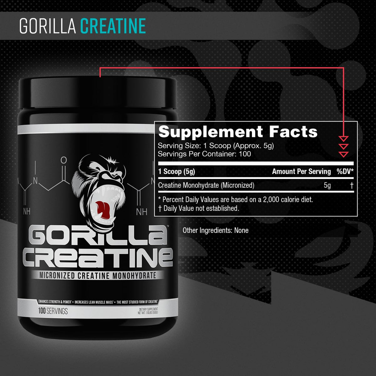 Gorilla Mind créatine monohydrate emballage arrière avec informations nutritionnelles