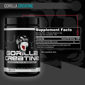 Gorilla Mind créatine monohydrate emballage arrière avec informations nutritionnelles