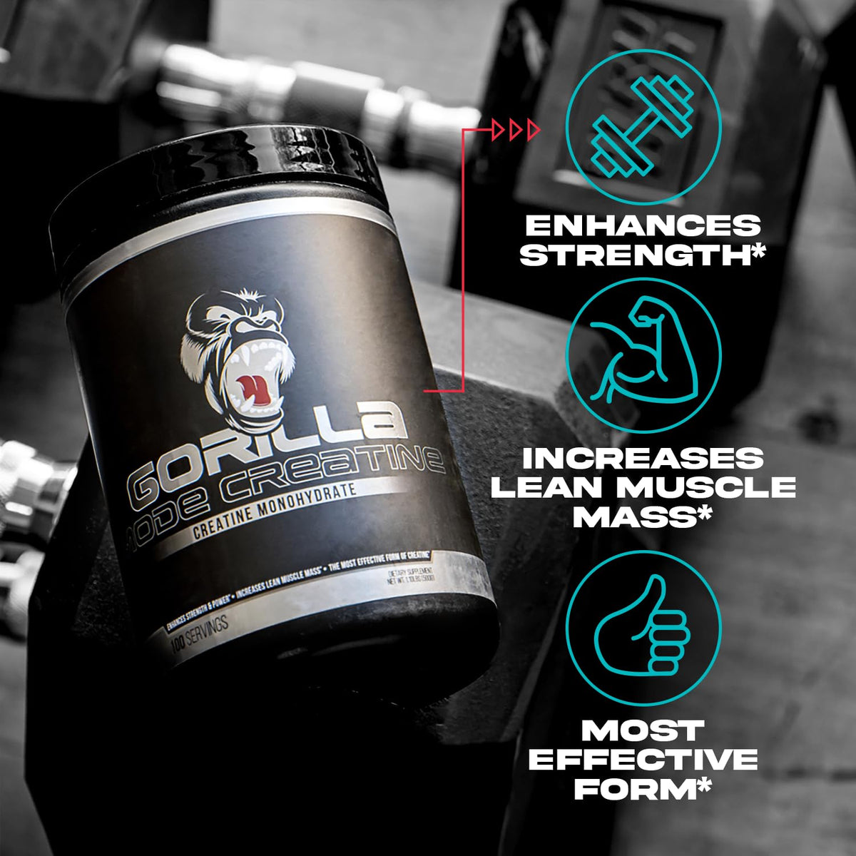 Gorilla Mind créatine monohydrate poudre micronisée dans un verre avec de l'eau