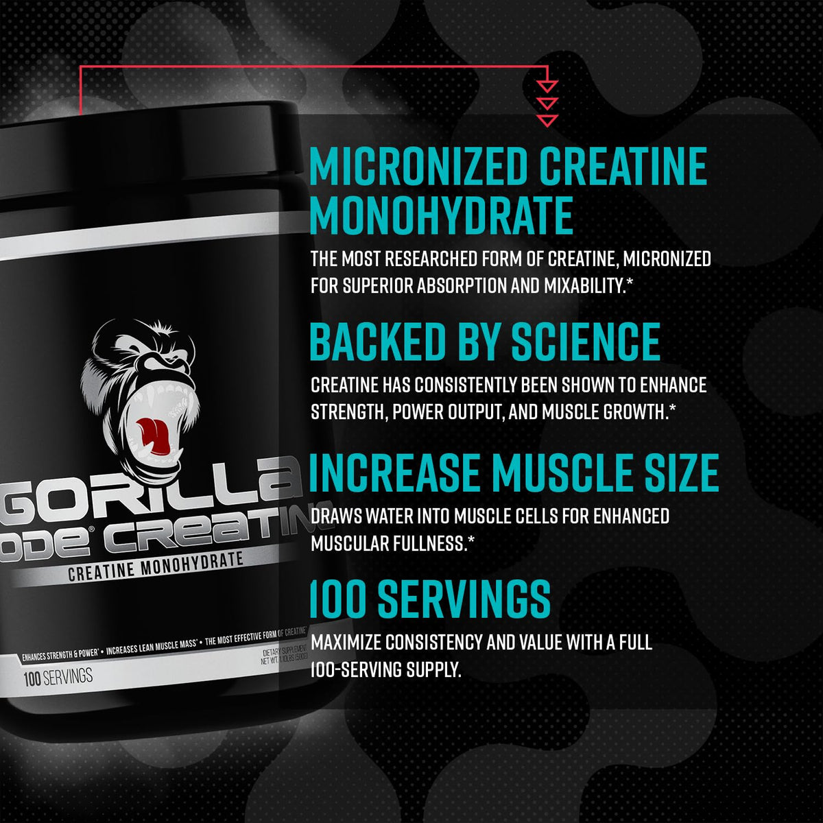 Gorilla Mind créatine monohydrate sur une table avec des accessoires de gym