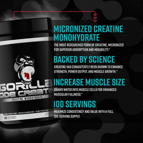 Gorilla Mind créatine monohydrate sur une table avec des accessoires de gym