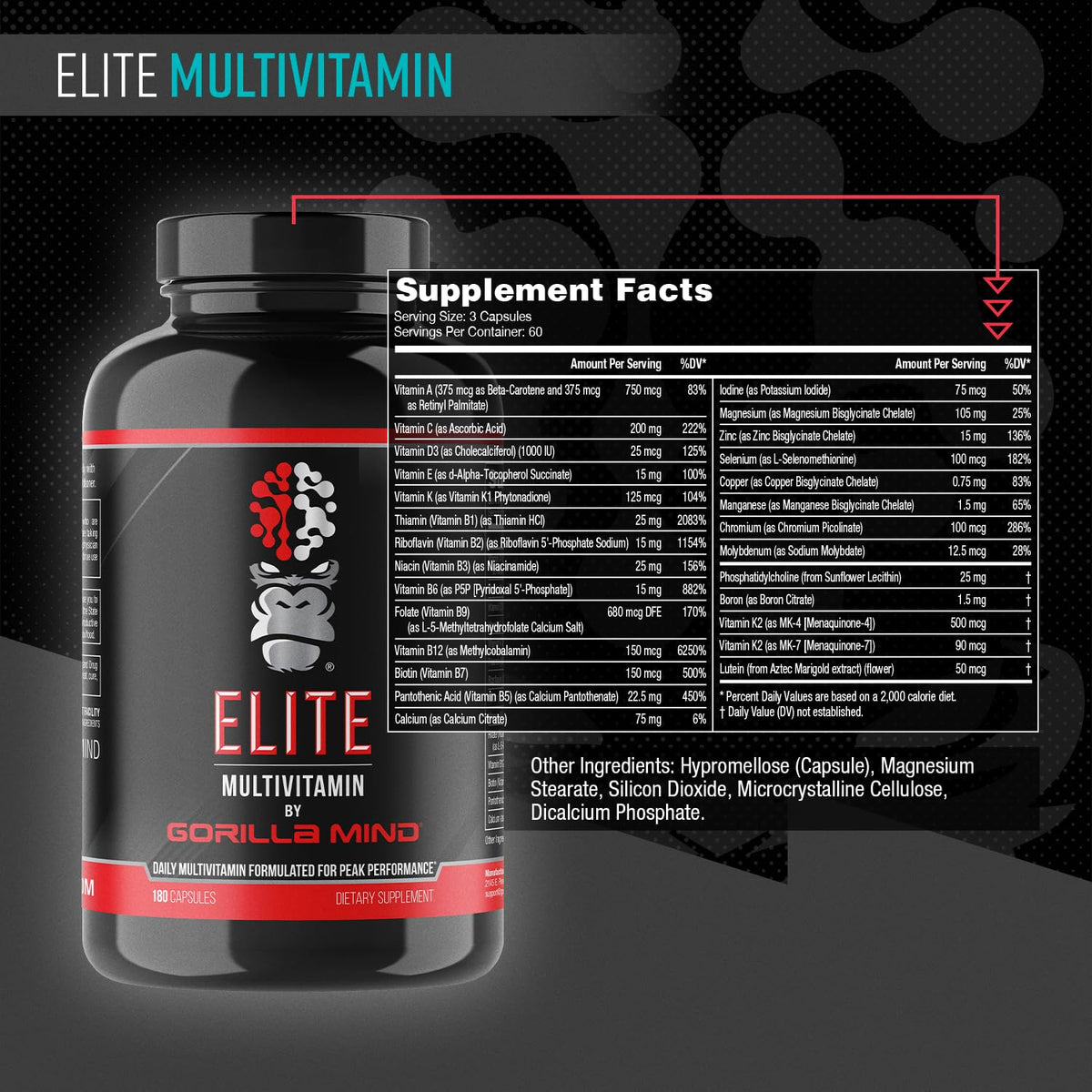 Gorilla Mind Multi-Vitamine Quotidienne bouteille ouverte avec capsules