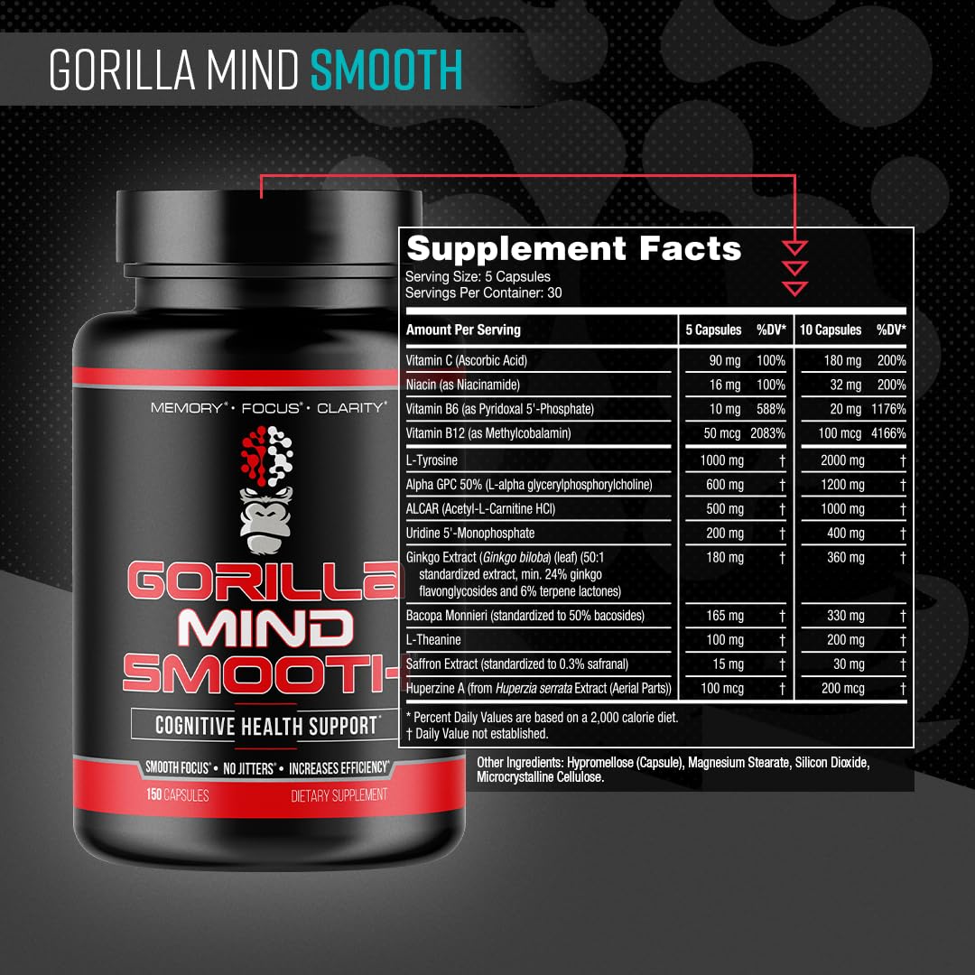 Gorilla Mind Smooth Nootropic 90 Capsules détails de l'étiquette