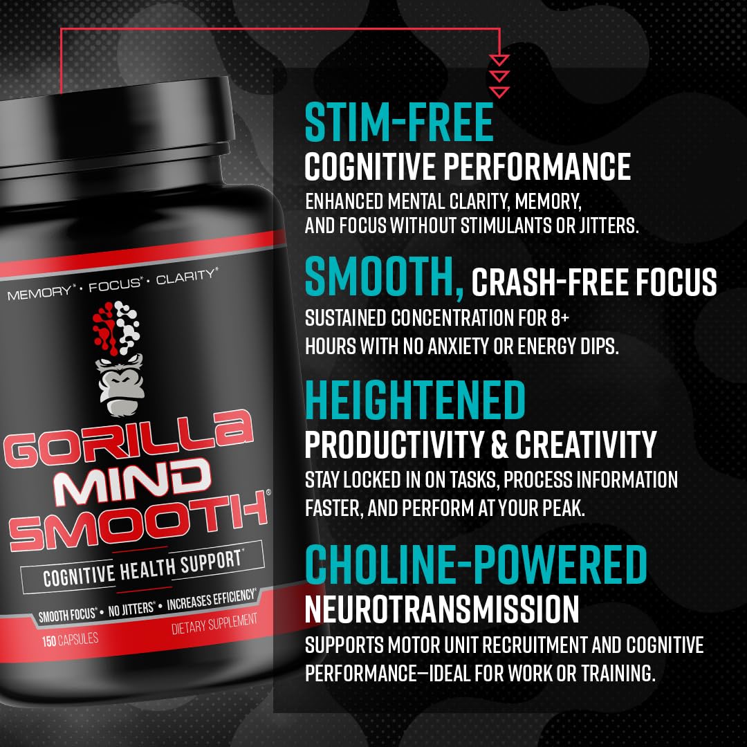 Gorilla Mind Smooth Nootropic 90 Capsules sur fond neutre