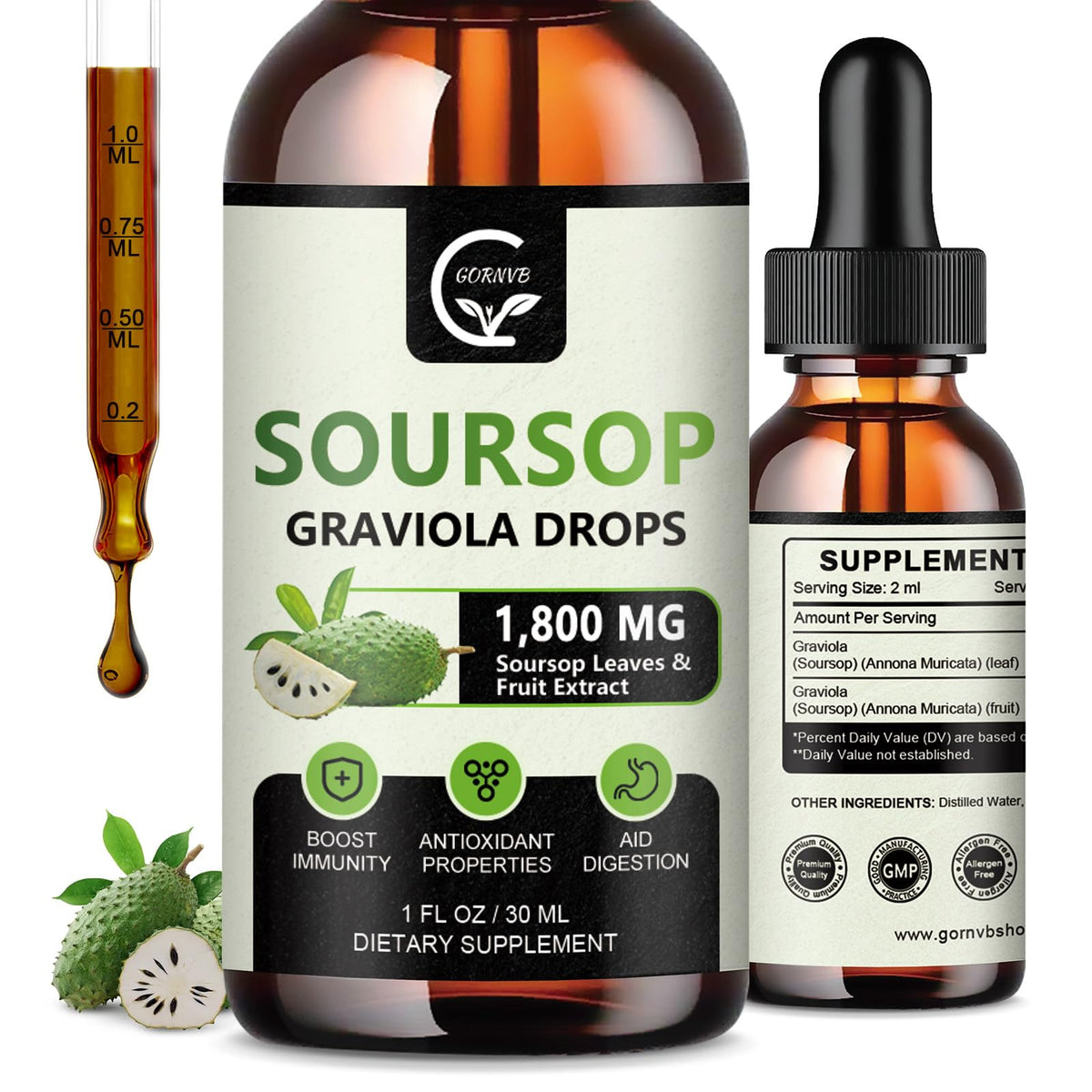 GORNVB Graviola Soursop Gouttes Liquides 1800mg Flacon avant