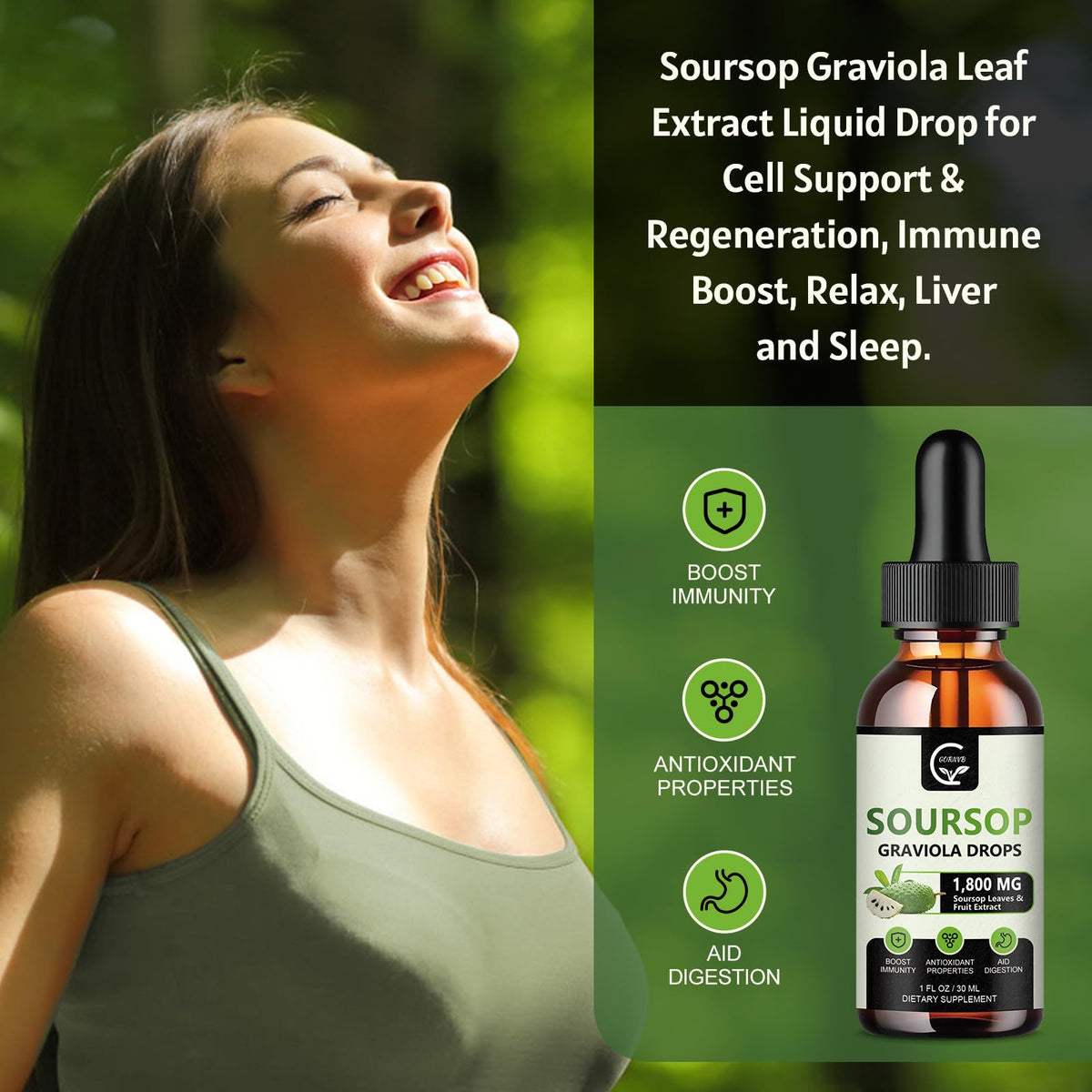 GORNVB Graviola Soursop Gouttes Liquides 1800mg sur une table