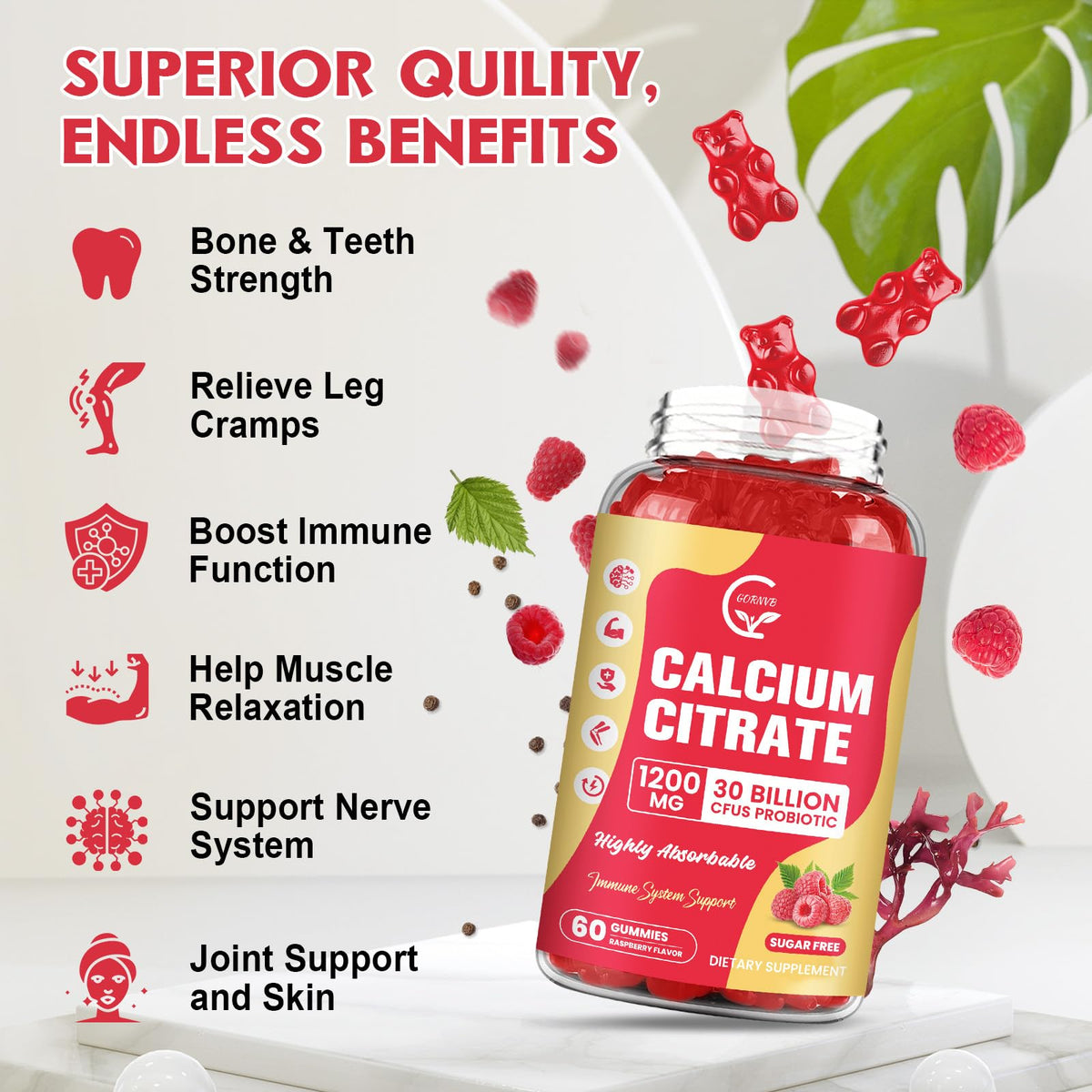 GORNVB Gummies Calcium Citrate 1200 mg 60 Chews Framboise avec fruits