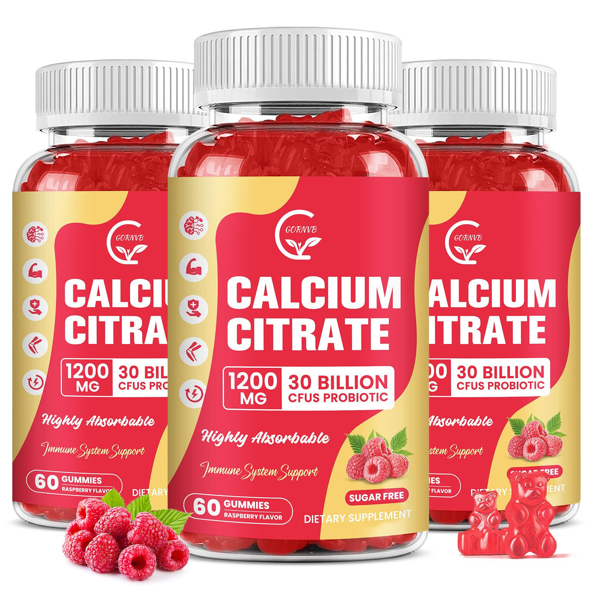GORNVB Gummies Calcium Citrate 1200 mg 60 Chews Framboise vue de face