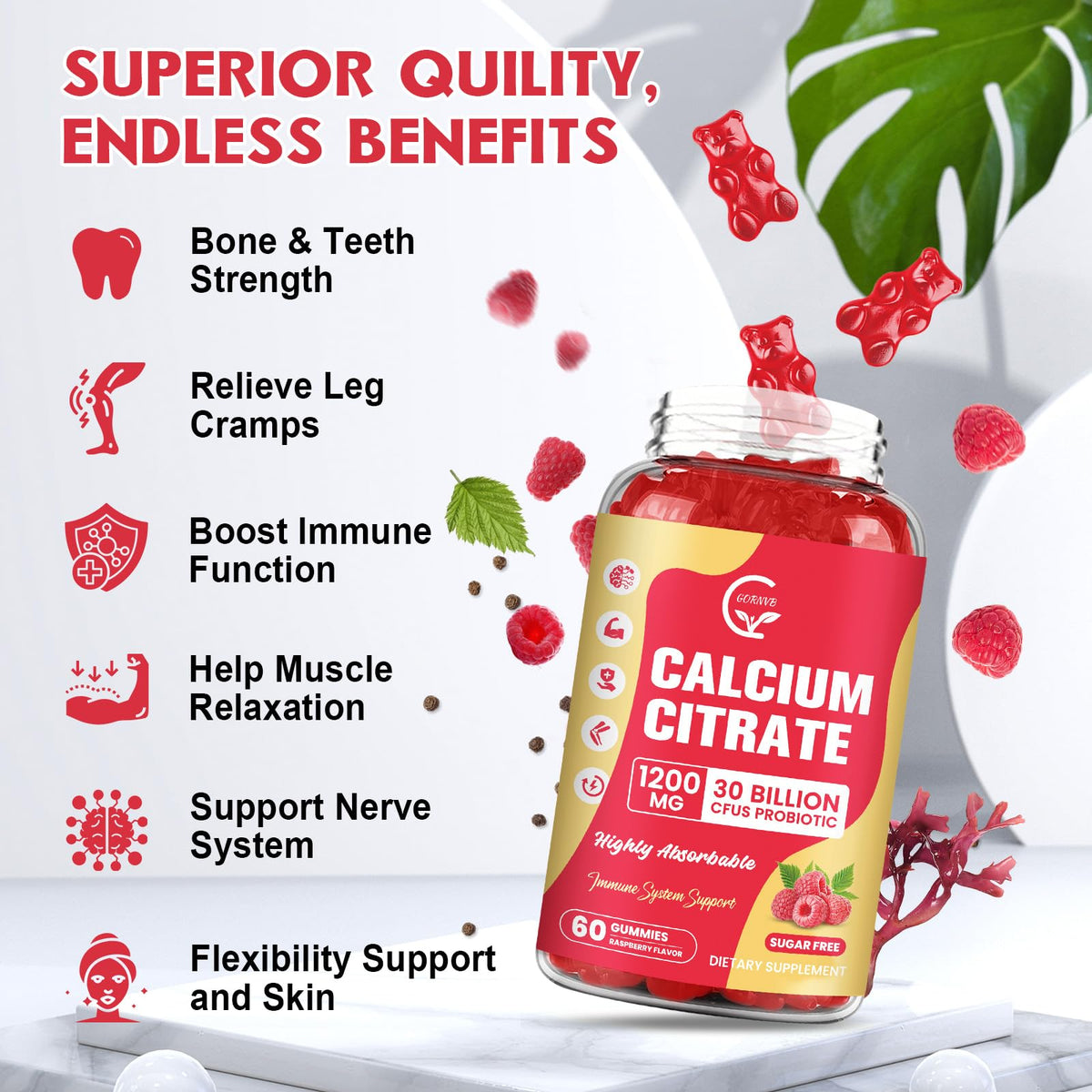 GORNVB Gummies Calcium Citrate 1200 mg, mise en scène avec des accessoires de santé