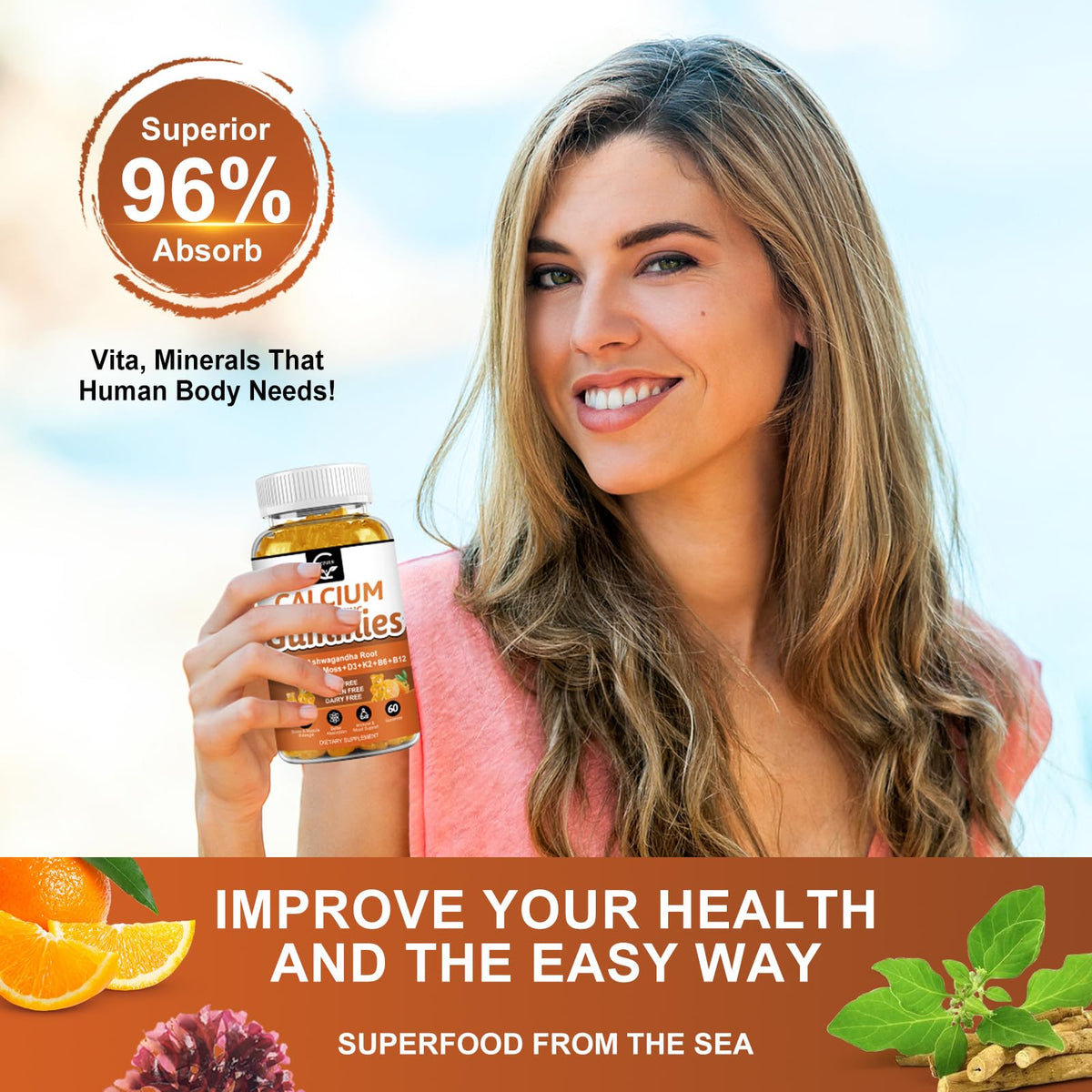 GORNVB Gummies de Calcium 1200mg avec ingrédients naturels en arrière-plan