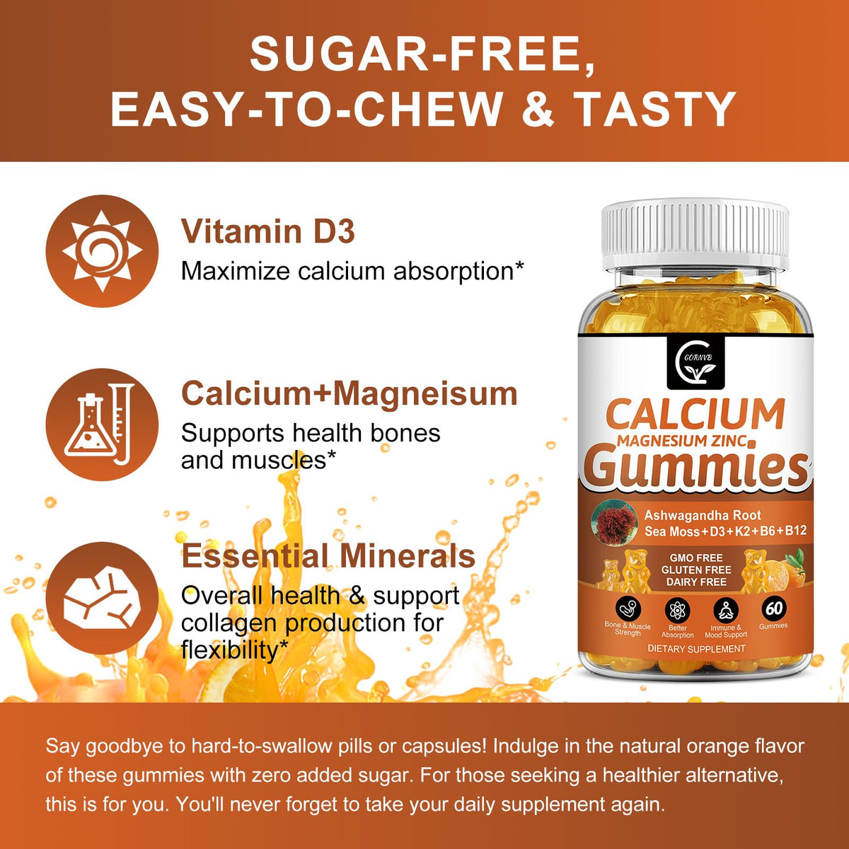 GORNVB Gummies de Calcium 1200mg avec le pot ouvert et gummies à l'extérieur