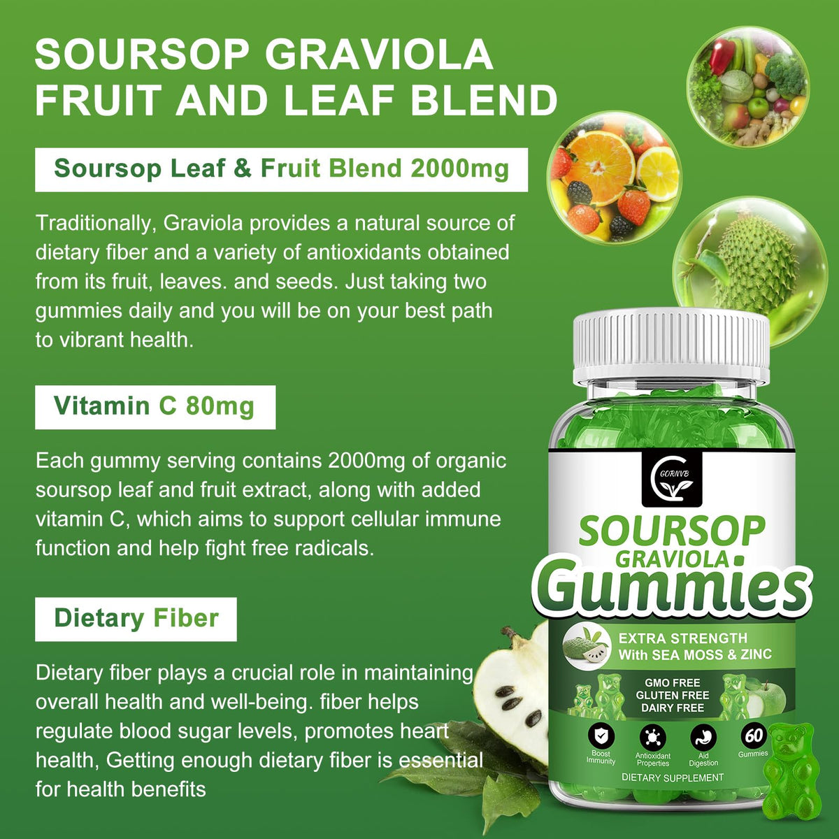 GORNVB Gummies Graviola Bio 2200mg ingrédients principaux sur l'emballage