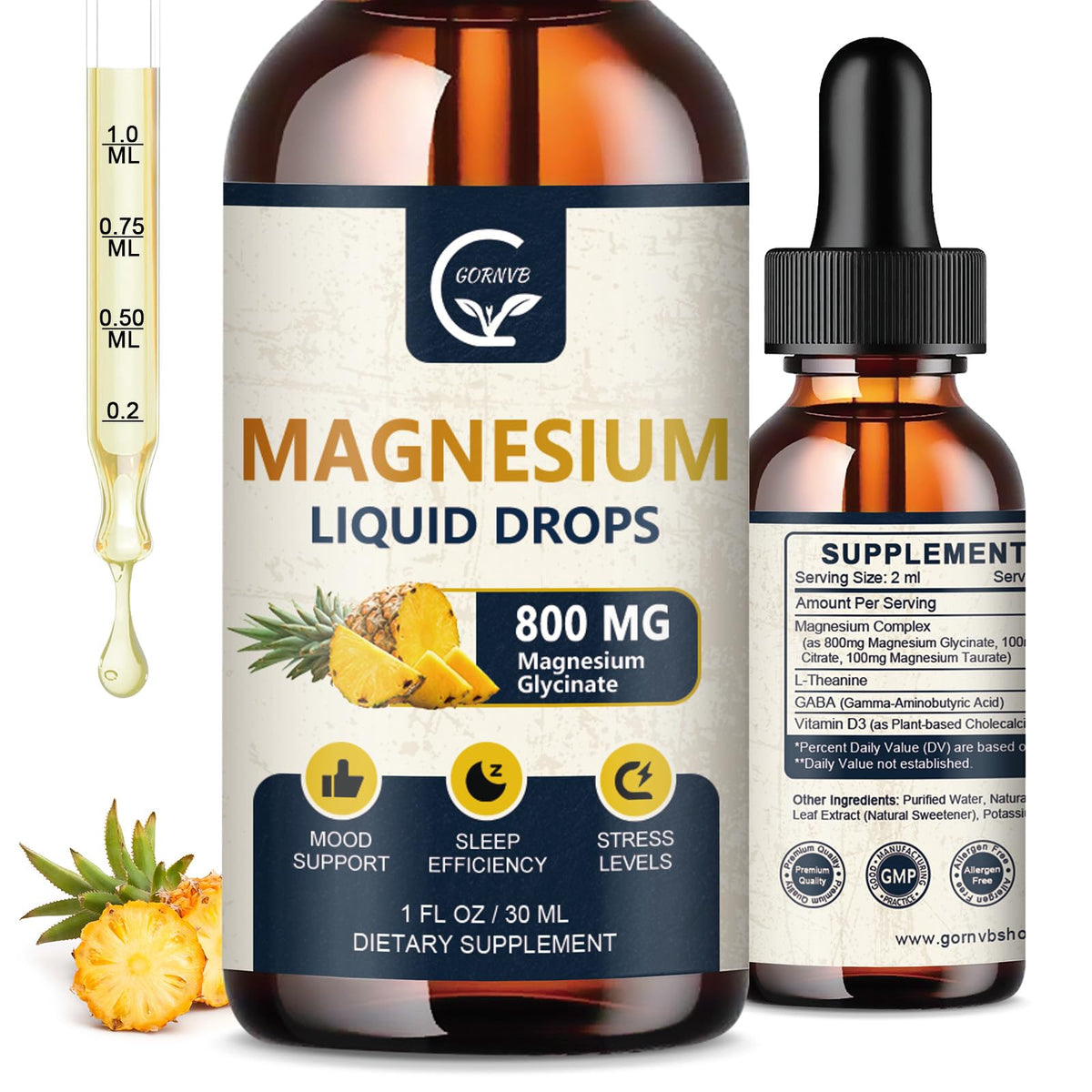 GORNVB Magnésium Liquide 1000mg flacon avant avec étiquette ananas