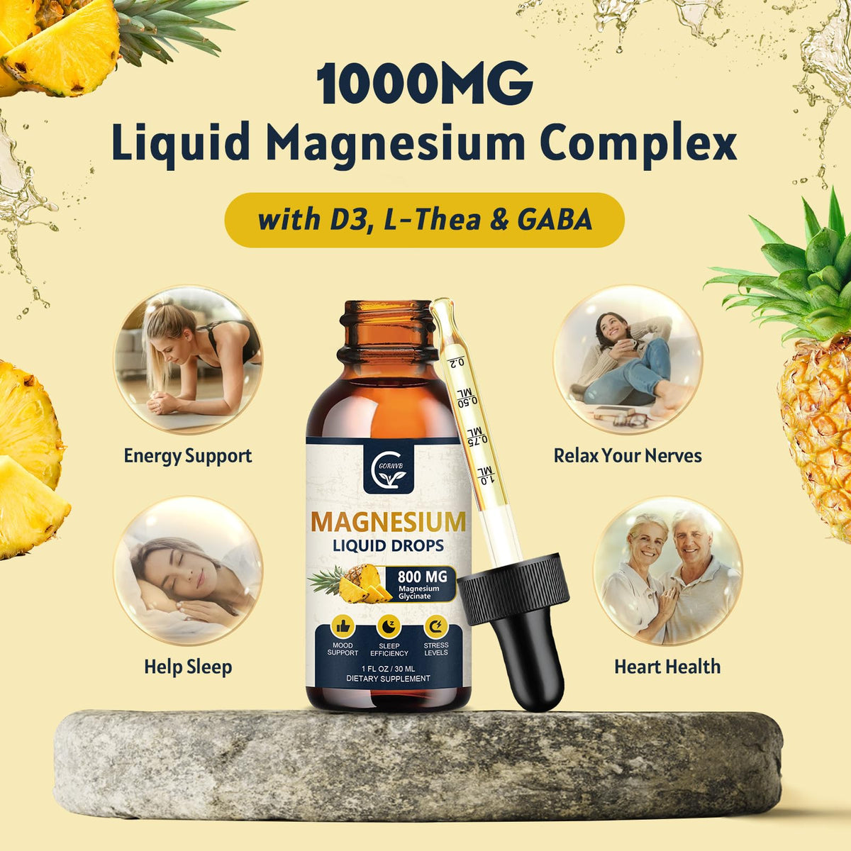 GORNVB Magnésium Liquide 1000mg flacon ouvert avec gouttes visibles