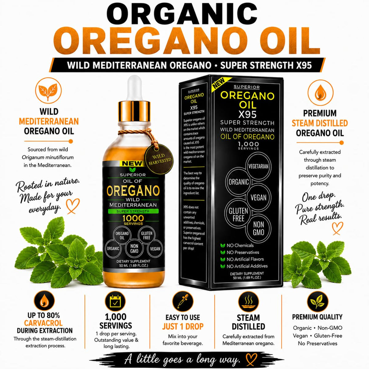Goutte d'huile d'origan bio avec compte-gouttes en verre