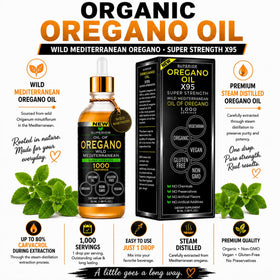 Goutte d'huile d'origan bio avec compte-gouttes en verre