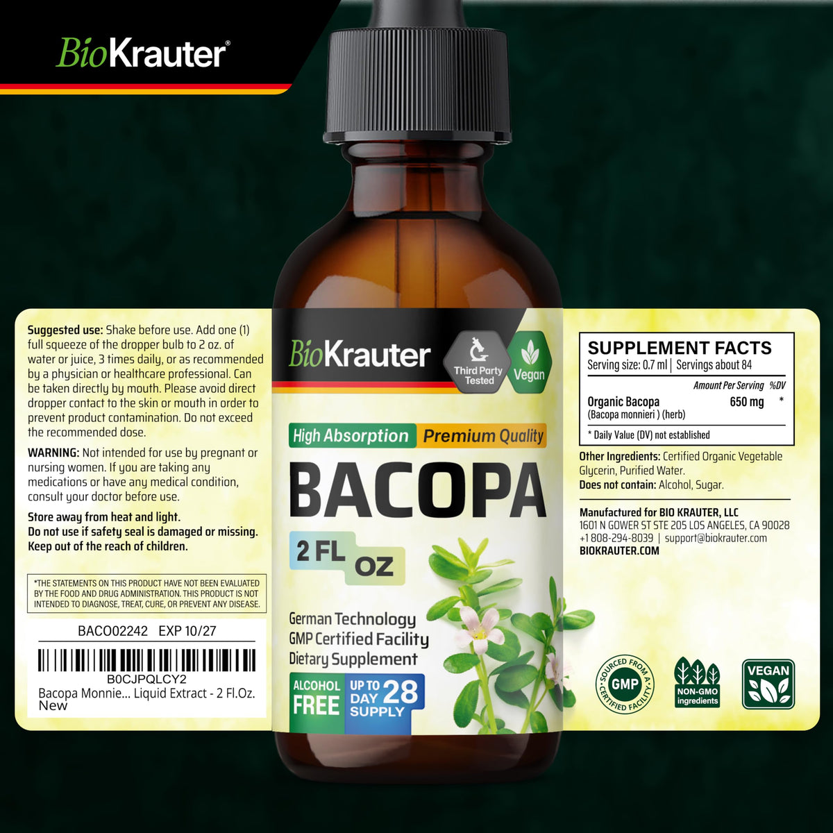 Goutte de Bacopa Monnieri sur une cuillère en bois