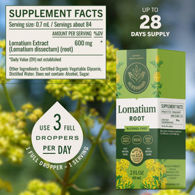 Goutte de teinture de racine de Lomatium HERBAMAMA sur une cuillère