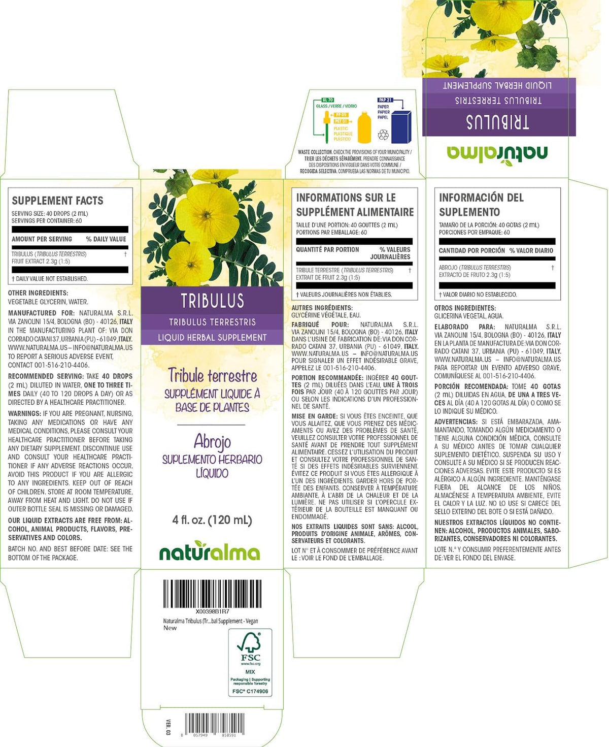 Goutte de teinture de Tribulus Terrestris Naturalma, extrait concentré