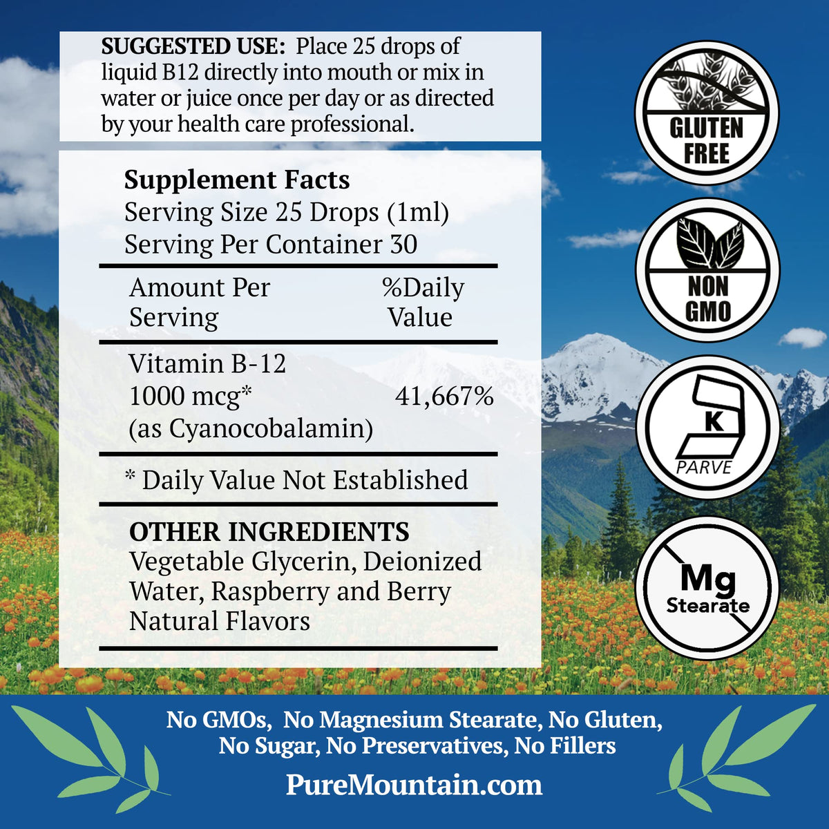 Goutte de vitamine B12 Pure Mountain Botanicals sur un fond blanc
