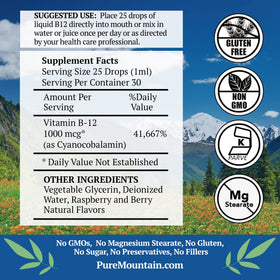 Goutte de vitamine B12 Pure Mountain Botanicals sur un fond blanc