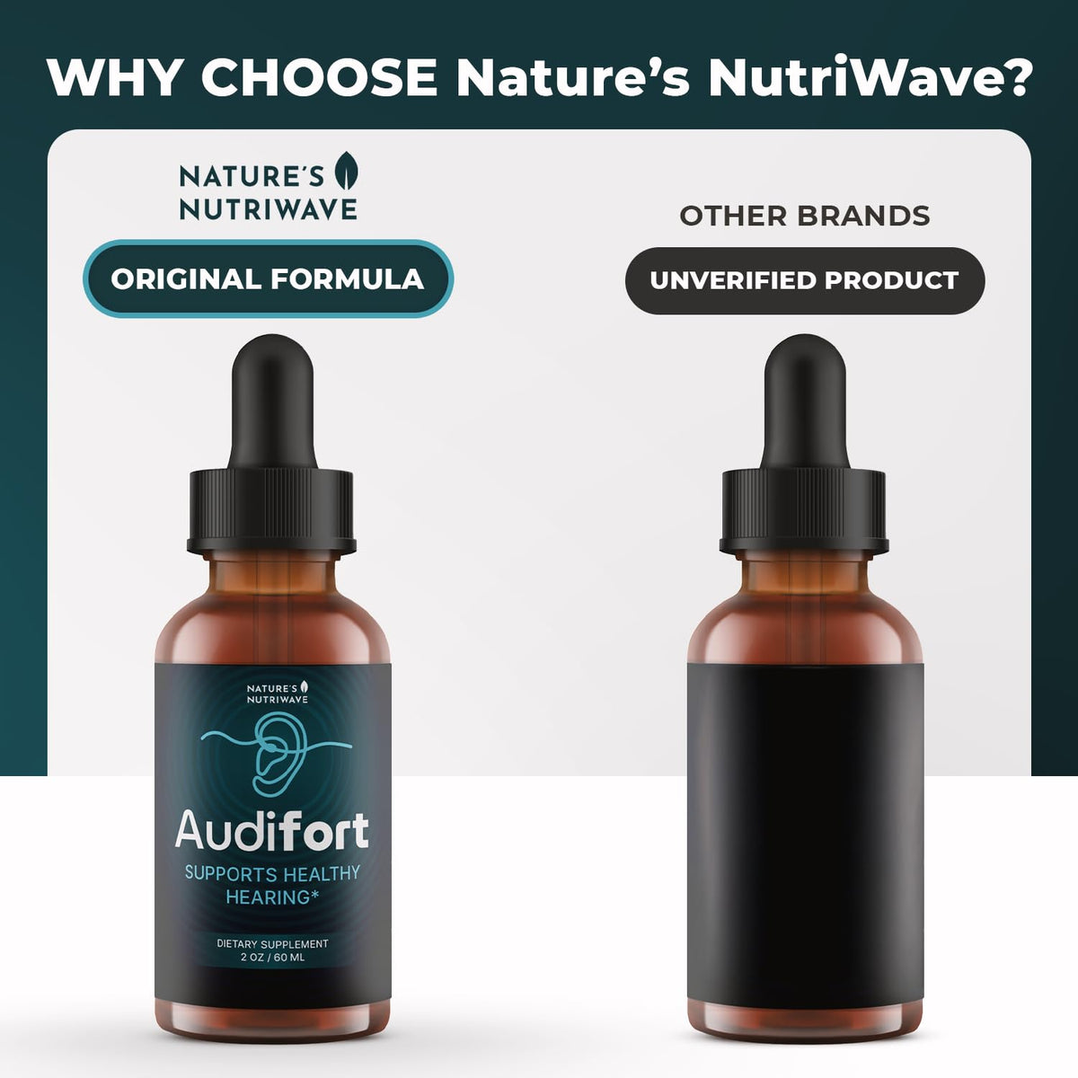 Gouttes Audifort de Nature’s NutriWave, vue du flacon sur une table