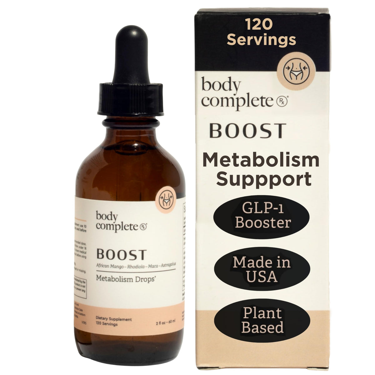 Gouttes BODY COMPLETE RX 60 ml avec étiquette détaillant les ingrédients