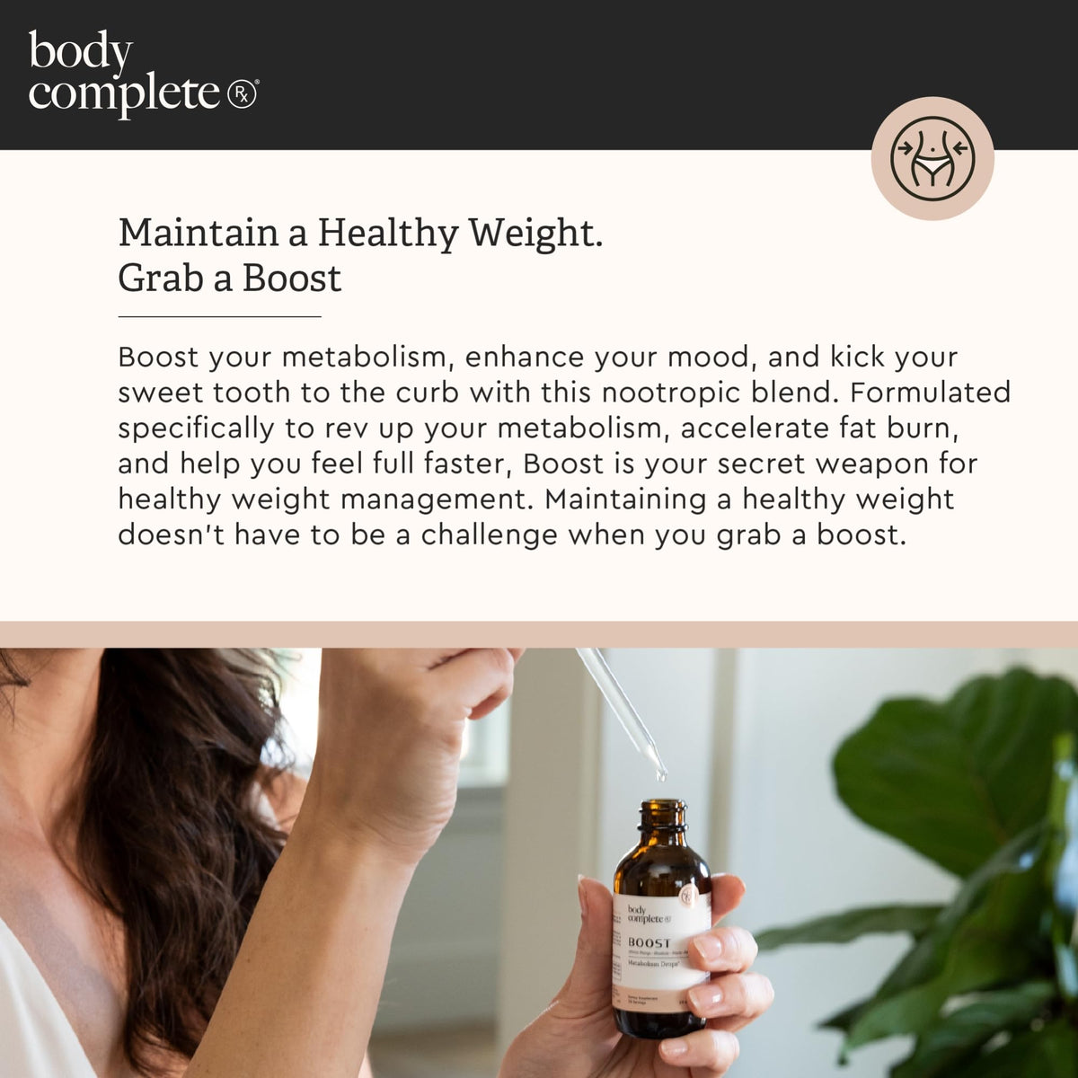 Gouttes BODY COMPLETE RX présentées avec des fruits et légumes