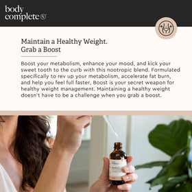 Gouttes BODY COMPLETE RX présentées avec des fruits et légumes