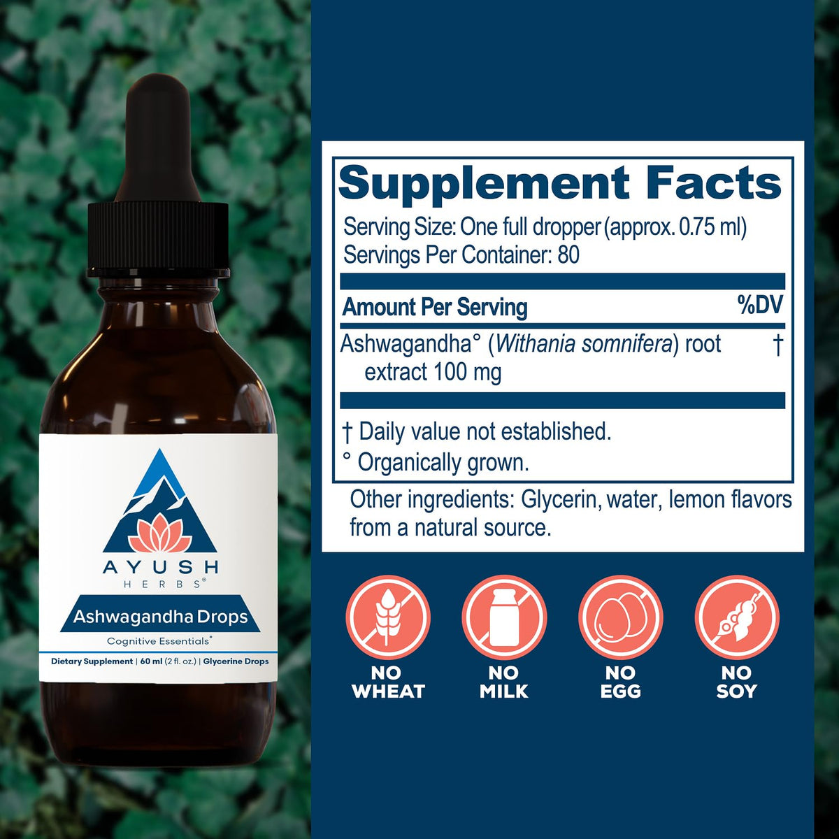 Gouttes d'Ashwagandha Ayush Herbs, étiquette et dosage