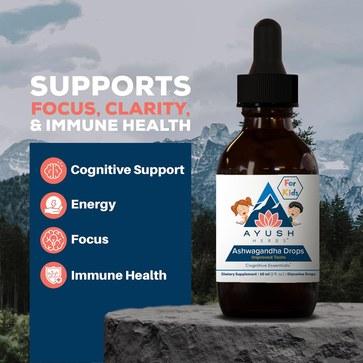 Gouttes d'Ashwagandha Ayush Herbs flacon arrière avec informations nutritionnelles