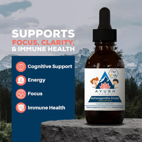 Gouttes d'Ashwagandha Ayush Herbs flacon arrière avec informations nutritionnelles