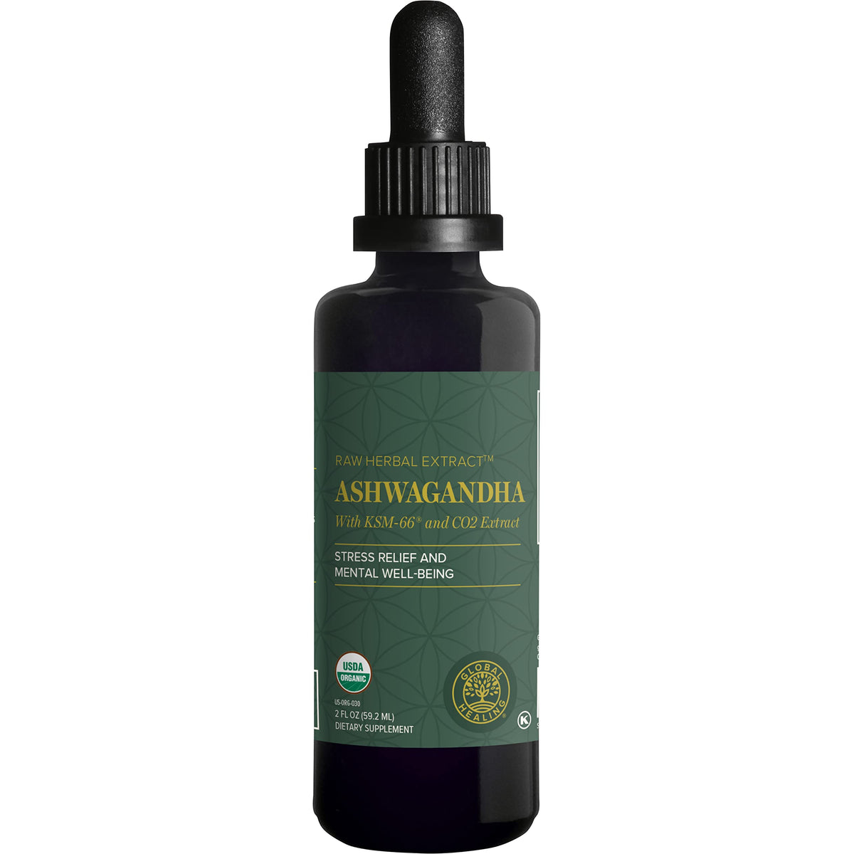 Gouttes d'Ashwagandha Bio KSM-66 Global Healing Center, flacon de 60 ml